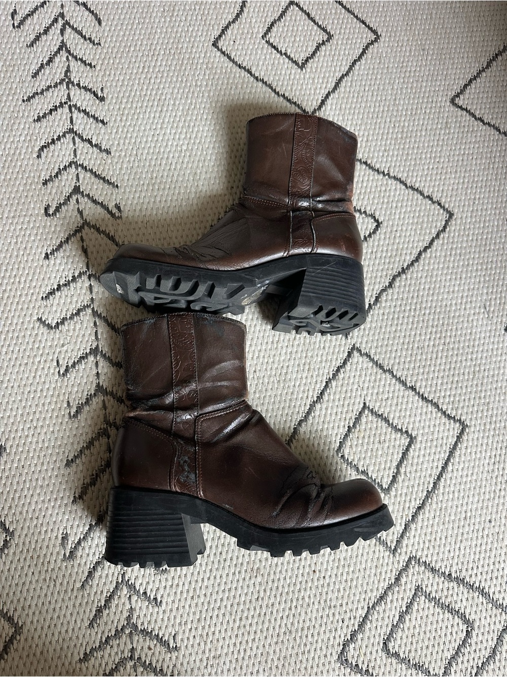 Women's Brown Leather Mid-Calf Chunky Heel Boots